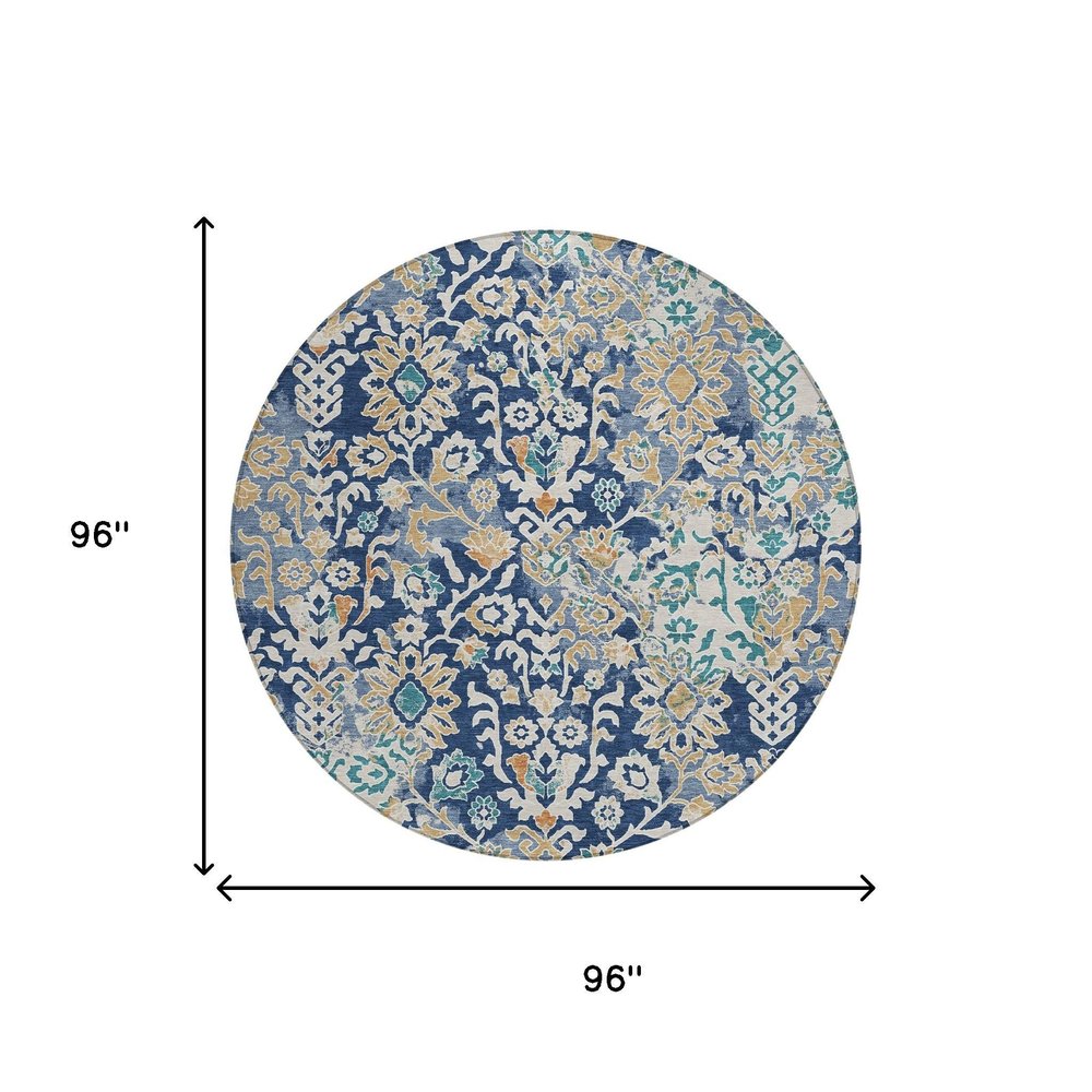 8' Navy Blue And Ivory Round Geometric Washable Indoor Outdoor Area Rug HomeRoots
