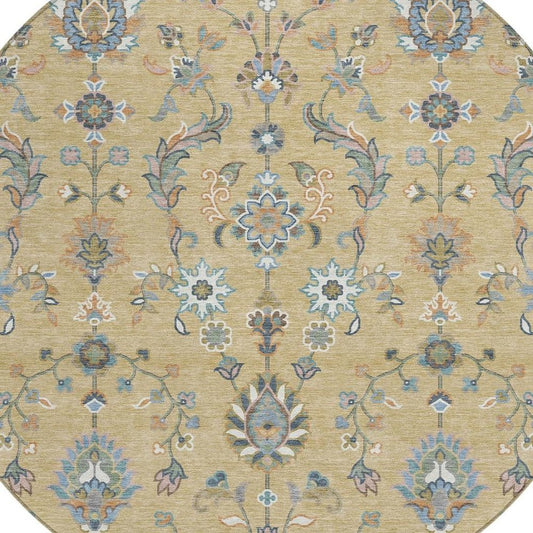 8' Wheat And Taupe Round Abstract Washable Indoor Outdoor Area Rug