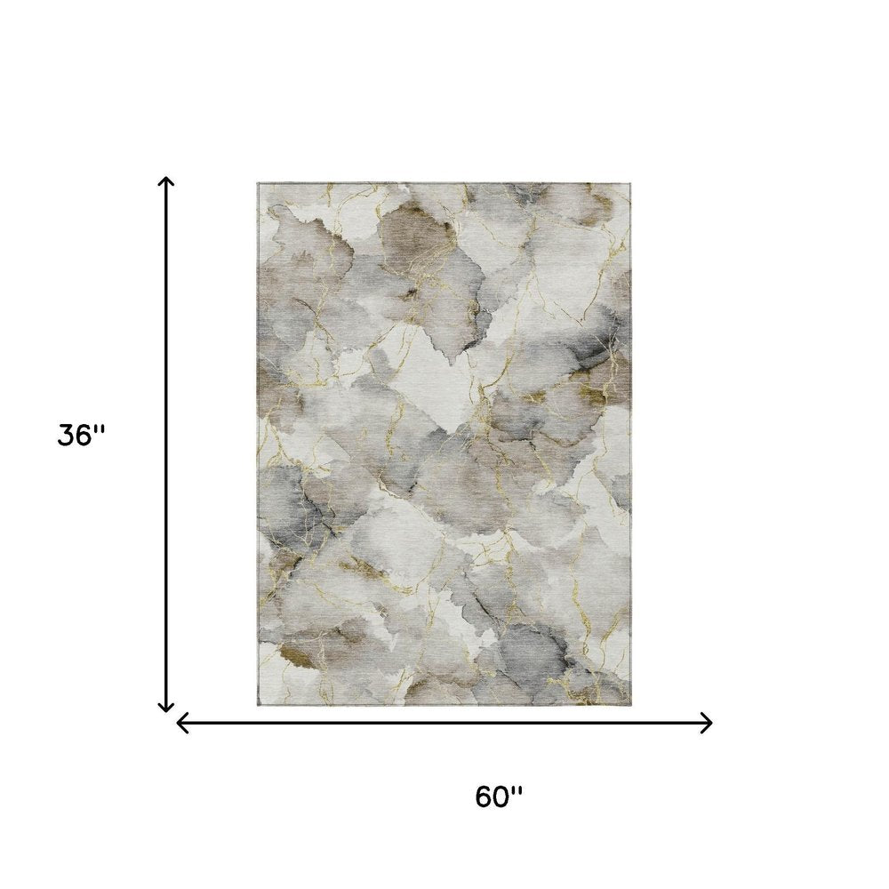 3' X 5' Ivory And Beige Abstract Washable Indoor Outdoor Area Rug HomeRoots