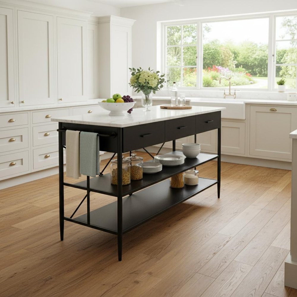 34" White and Black Marble and Metal Kitchen Island With Storage HomeRoots