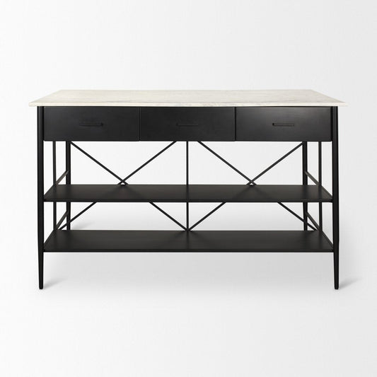 34" White and Black Marble and Metal Kitchen Island With Storage