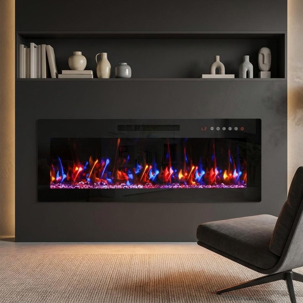 50" Black And Red Metal Electric Fireplace Insert With LED HomeRoots