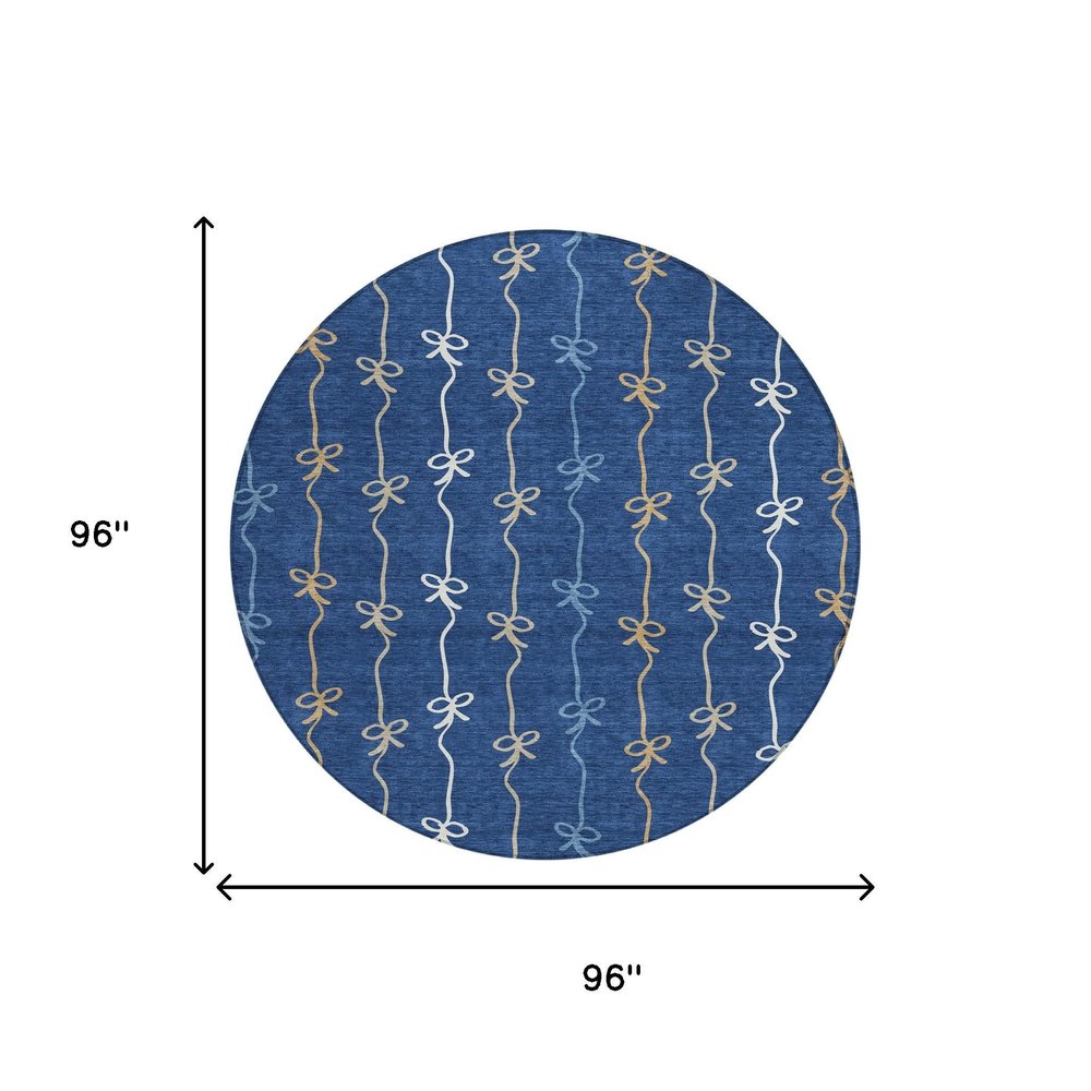 8' Navy Blue And Denim Blue Round Southwestern Washable Indoor Outdoor Area Rug HomeRoots
