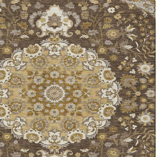 5' X 8' Chocolate And Brown Damask Washable Indoor Outdoor Area Rug