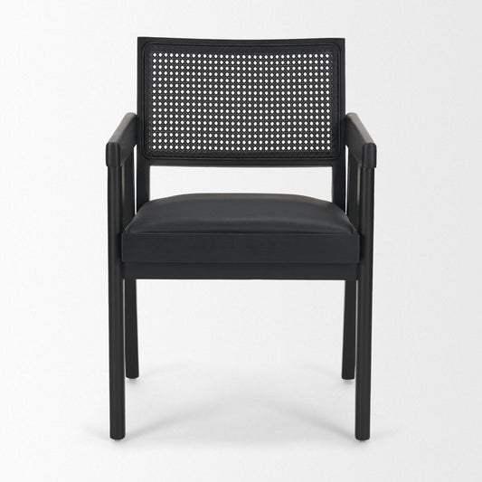 Black Leather Solid Wood And Rattan Dining Arm Chair