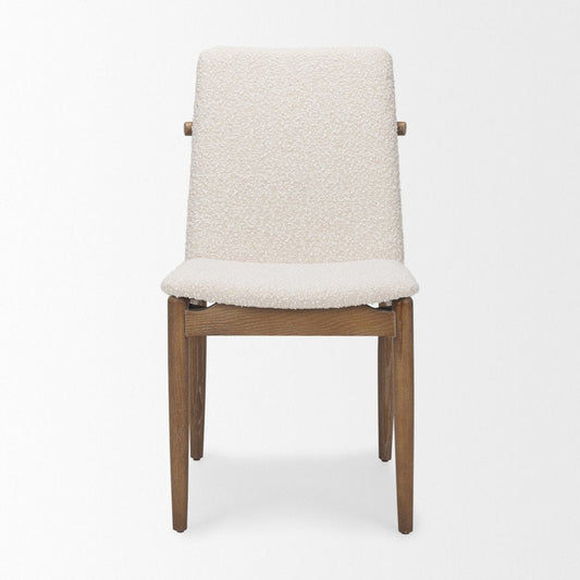 Set of Two Cream And Brown Boucle And Solid Wood Dining Side Chairs