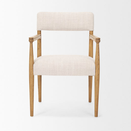 Cream And Brown Fabric And Solid Wood Open Back Dining Arm Chair