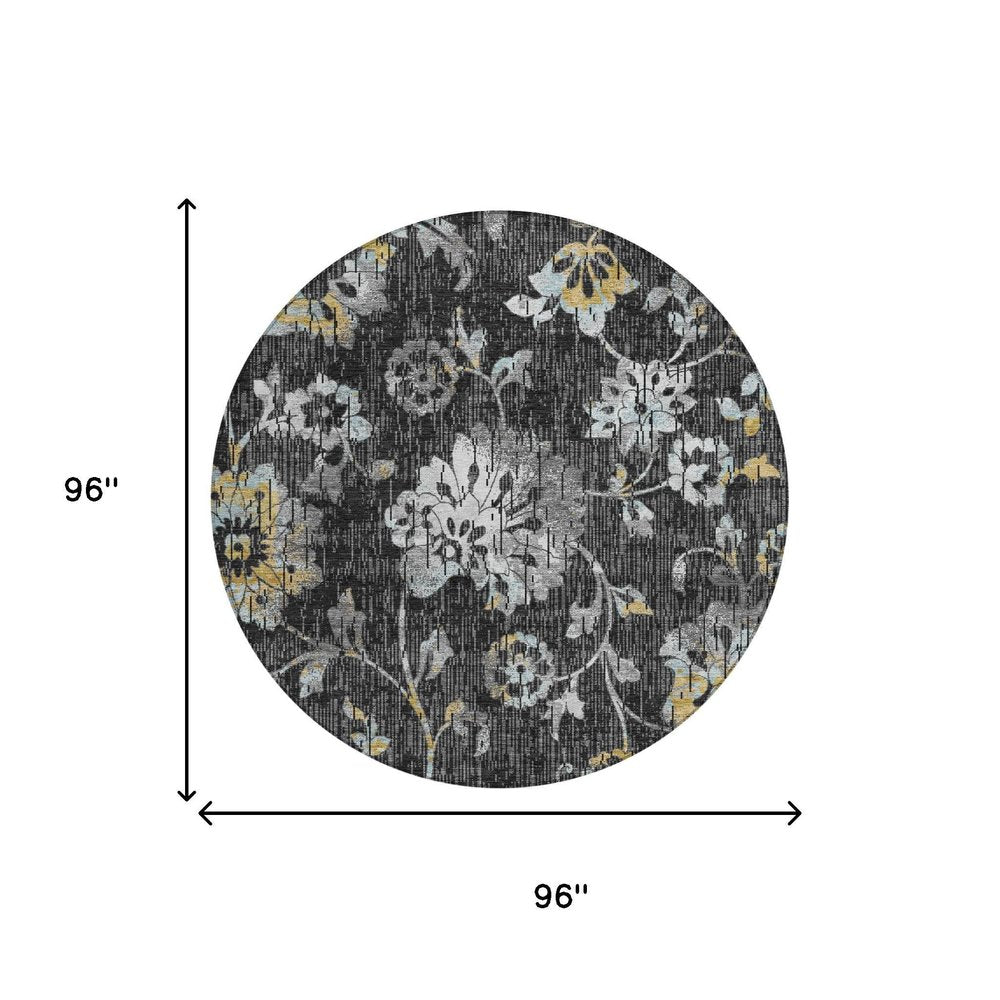 8' Black And Graphite Round Floral Washable Indoor Outdoor Area Rug HomeRoots