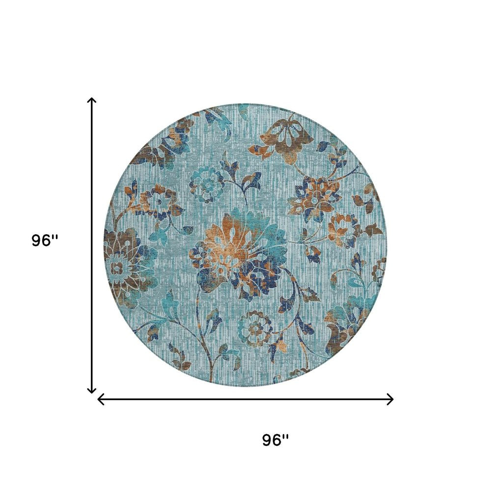 8' Teal Blue And Gray Round Floral Washable Indoor Outdoor Area Rug HomeRoots