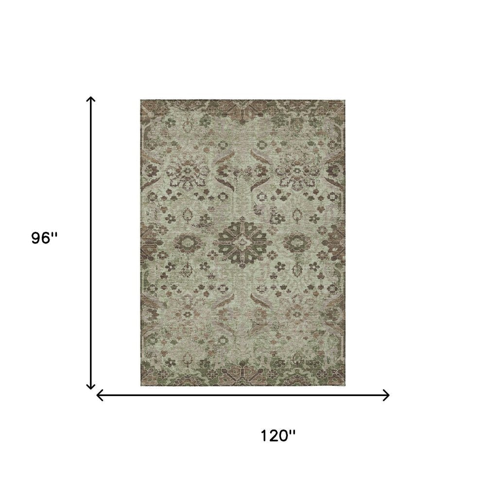 8' X 10' Green And Khaki Damask Washable Indoor Outdoor Area Rug HomeRoots