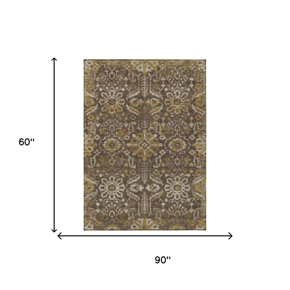 5' X 8' Chocolate And Brown Damask Washable Indoor Outdoor Area Rug HomeRoots