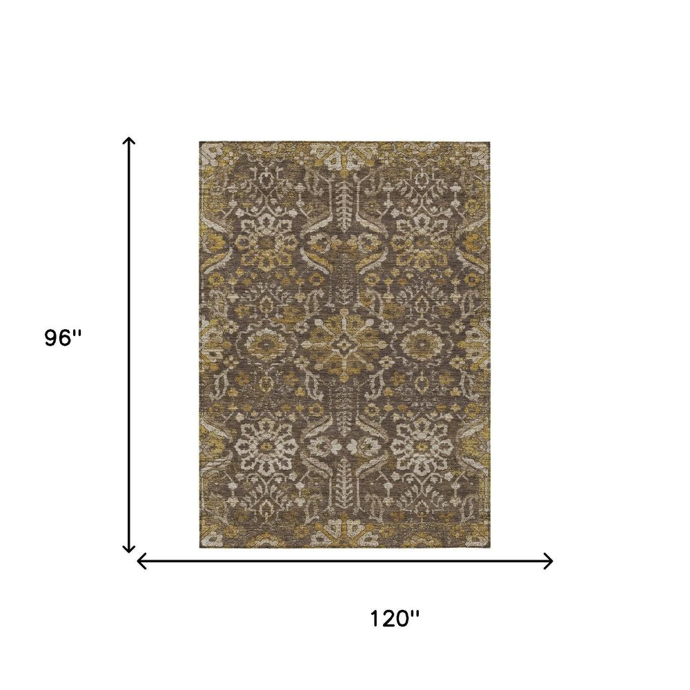 8' X 10' Chocolate And Brown Damask Washable Indoor Outdoor Area Rug HomeRoots