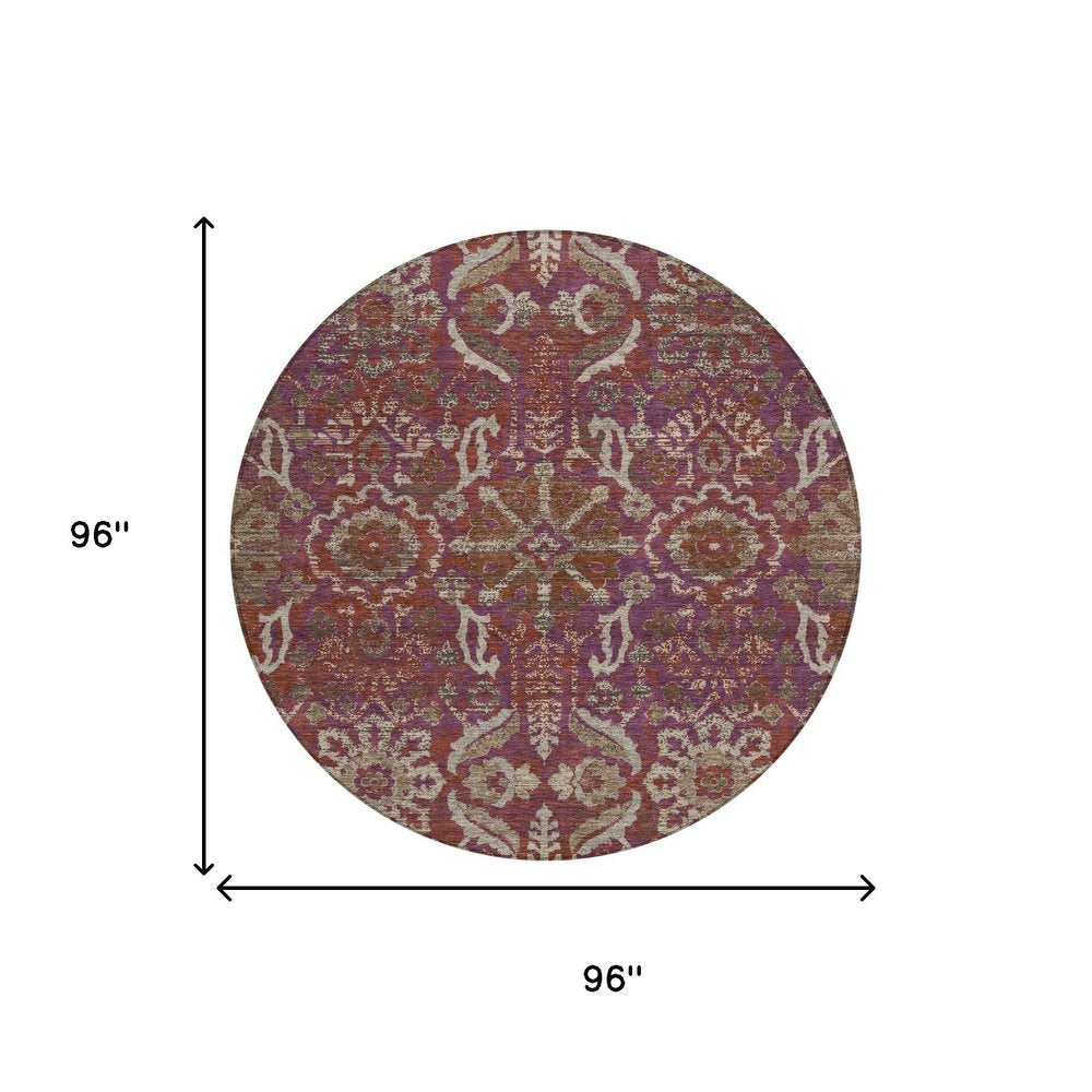 8' Eggplant And Purple Round Damask Washable Indoor Outdoor Area Rug HomeRoots