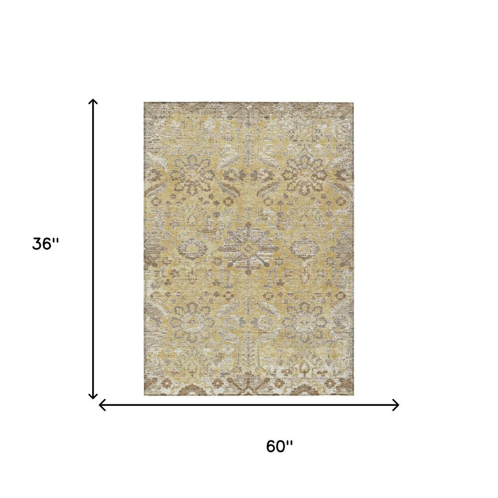 3' X 5' Gold And Wheat Damask Washable Indoor Outdoor Area Rug HomeRoots