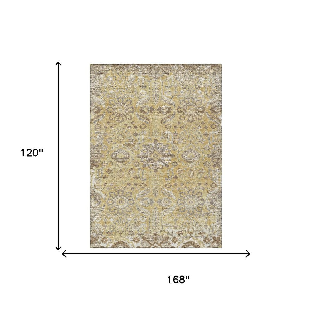 10' X 14' Gold And Wheat Damask Washable Indoor Outdoor Area Rug HomeRoots