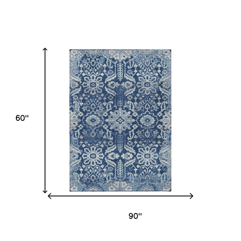 5' X 8' Navy Blue And Blue Damask Washable Indoor Outdoor Area Rug HomeRoots