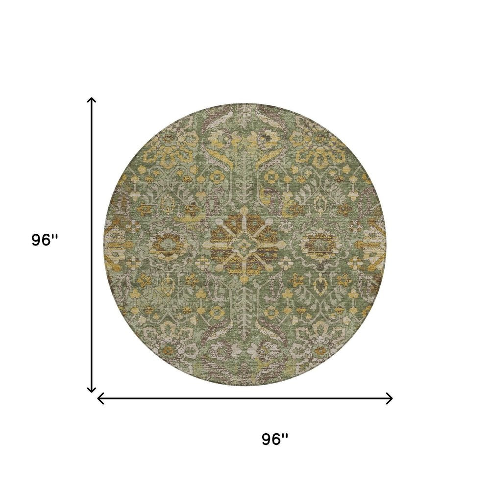 8' Olive Green And Green Round Damask Washable Indoor Outdoor Area Rug HomeRoots