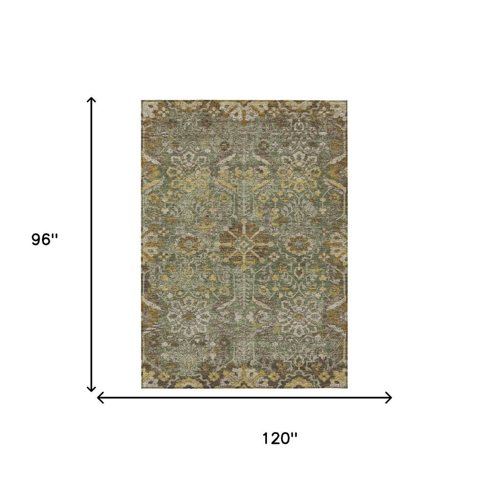 8' X 10' Olive Green And Green Damask Washable Indoor Outdoor Area Rug HomeRoots