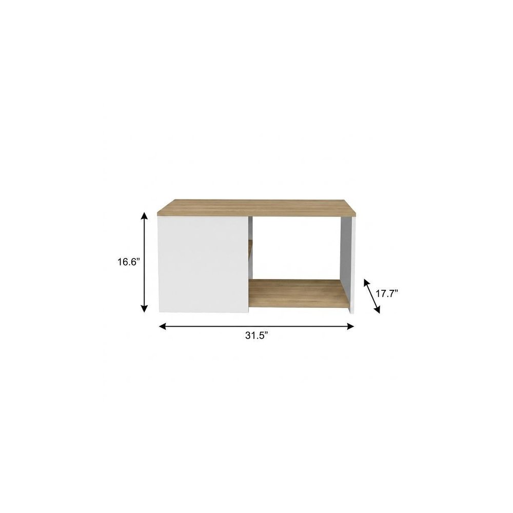 32" Natural and White Wood Floor Shelf Coffee Table With Two Shelves