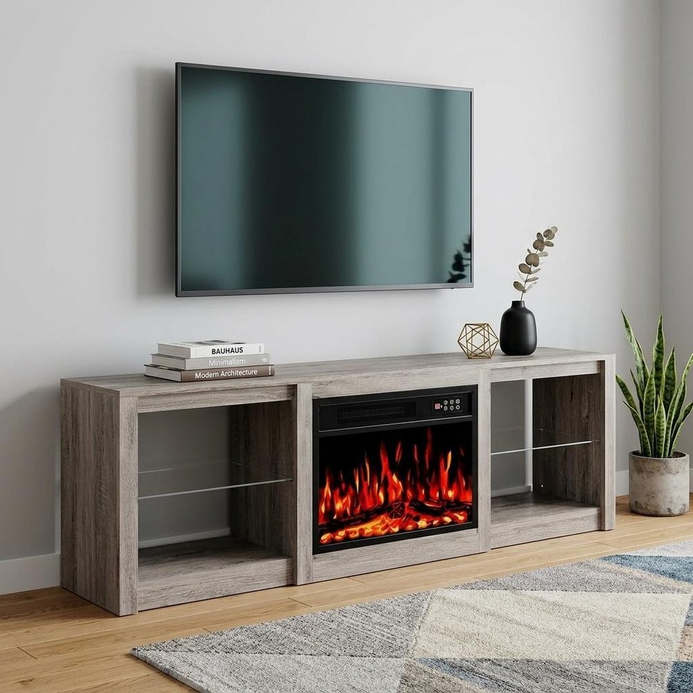 70" Black And Light Gray Wood Fireplace Entertainment Center With Fireplace