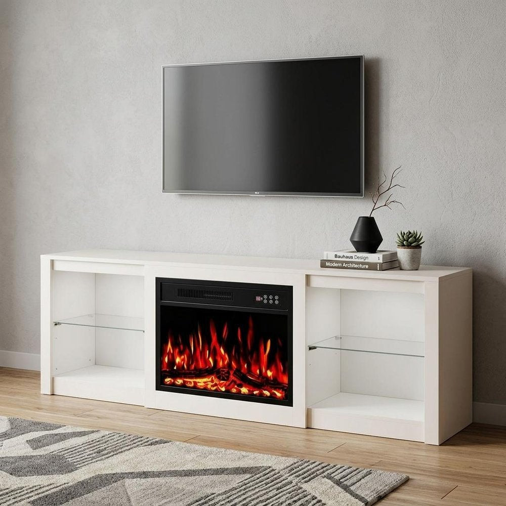 70" Black And White Wood Fireplace Entertainment Center With Fireplace