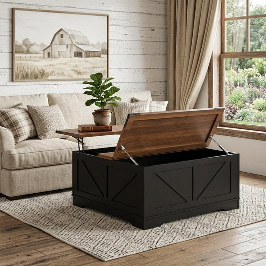 39" Brown And Black Wood Lift Top Solid Trunk Coffee Table With Two Shelves