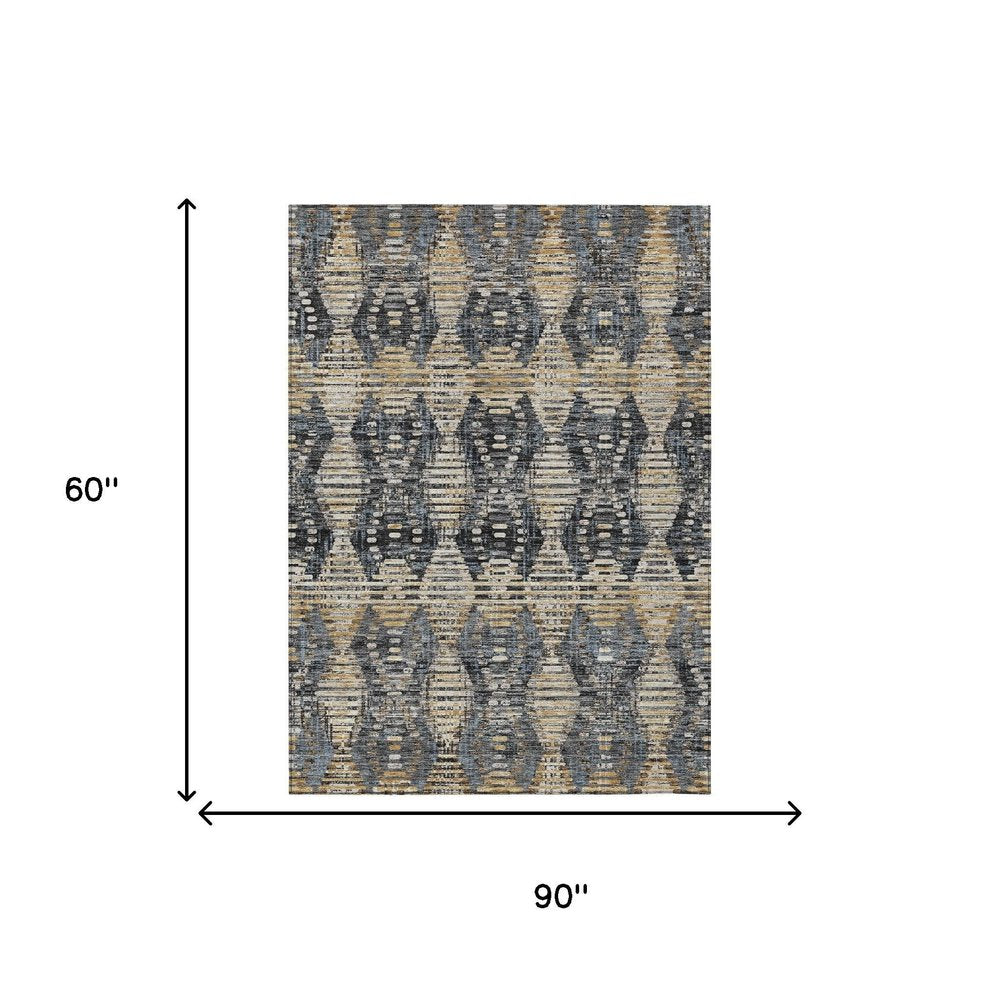 5' X 8' Black And Gray Floral Medallion Washable Indoor Outdoor Area Rug