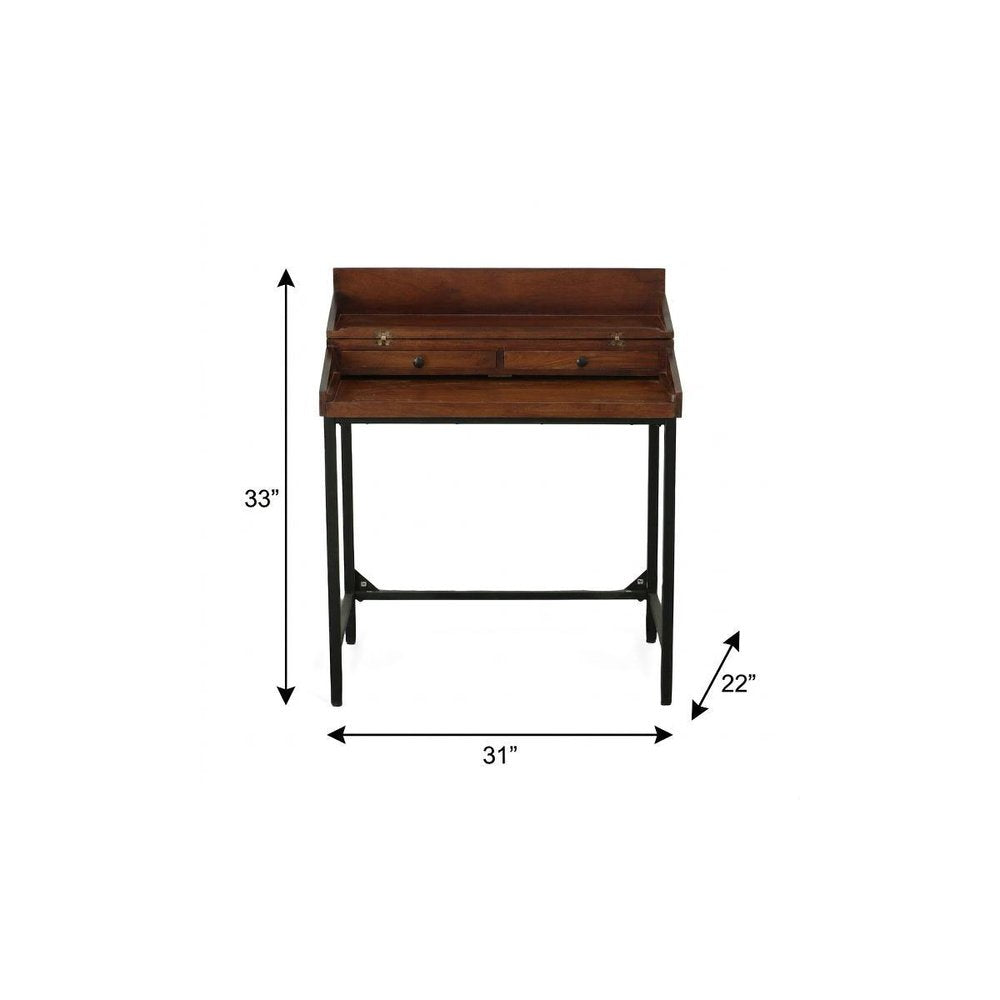 31" Chestnut and Black Solid Wood and Iron Writing Desk With Two Drawers HomeRoots