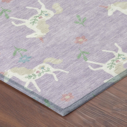9' X 12' Lavender And Ivory Floral Washable Indoor Outdoor Area Rug