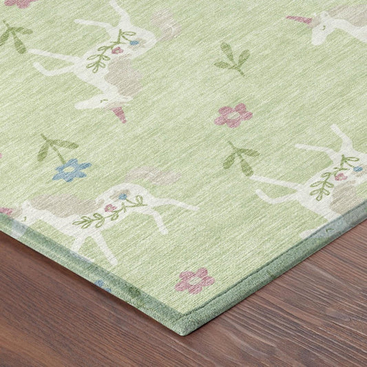 3' X 5' Mint Green And Ivory Floral Washable Indoor Outdoor Area Rug