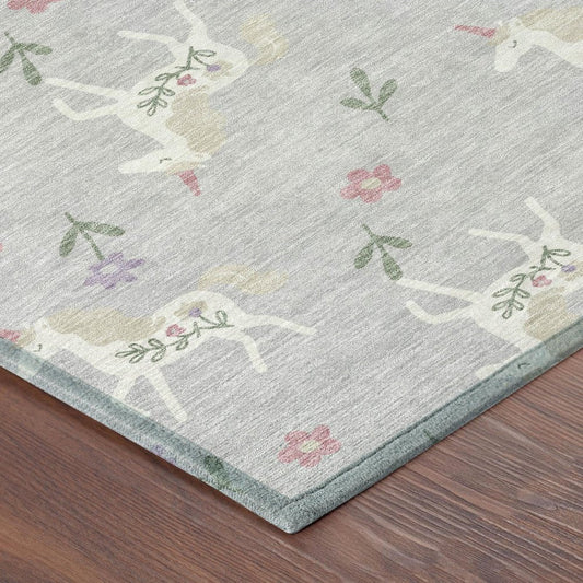 5' X 8' Silver And Ivory Floral Washable Indoor Outdoor Area Rug
