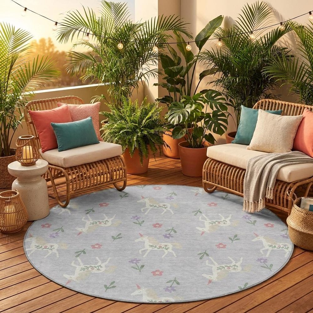 8' Silver And Ivory Round Floral Washable Indoor Outdoor Area Rug HomeRoots