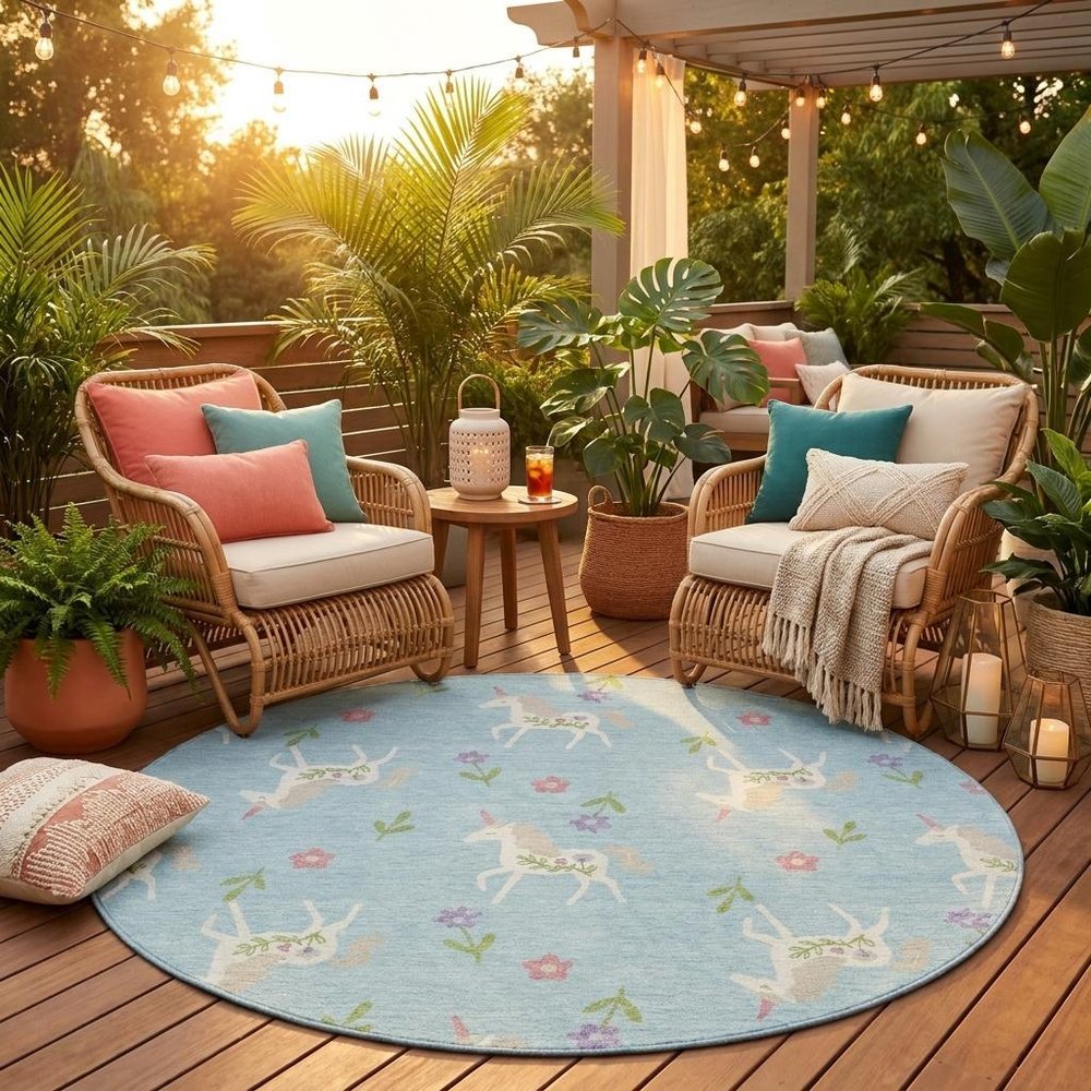 8' Sky Blue And Blue Round Floral Washable Indoor Outdoor Area Rug HomeRoots