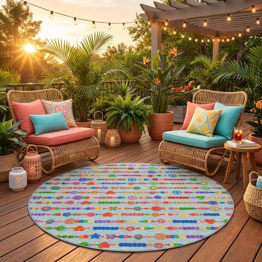 8' Sky Blue And Ivory Round Geometric Washable Indoor Outdoor Area Rug HomeRoots
