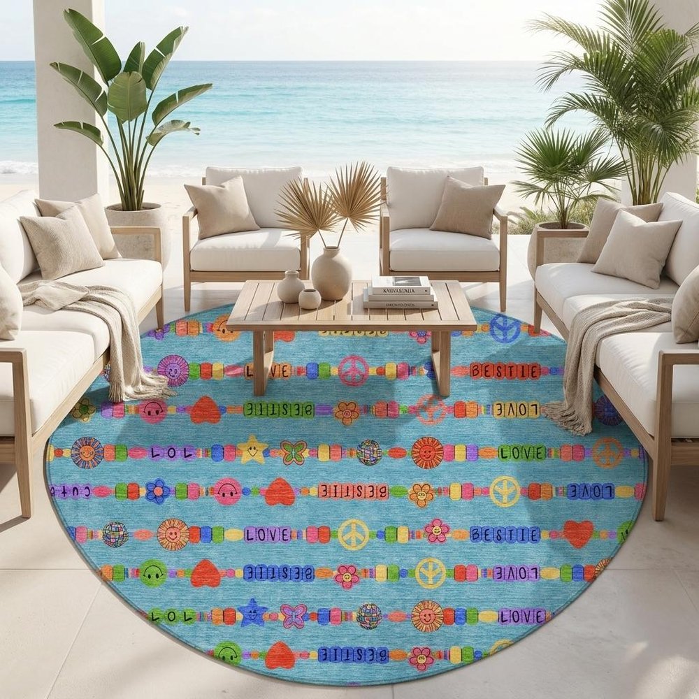 8' Teal Blue And Beige Round Geometric Washable Indoor Outdoor Area Rug HomeRoots