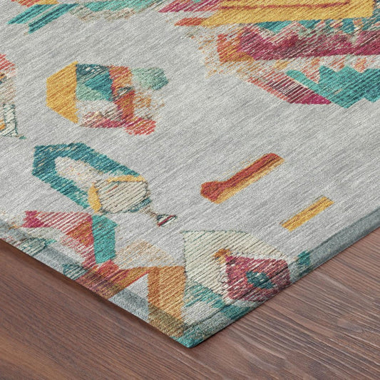 5' X 8' Silver And Ivory Tribal Washable Indoor Outdoor Area Rug