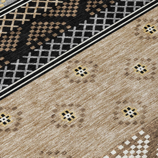 9' X 12' Black And Beige Striped Washable Indoor Outdoor Area Rug