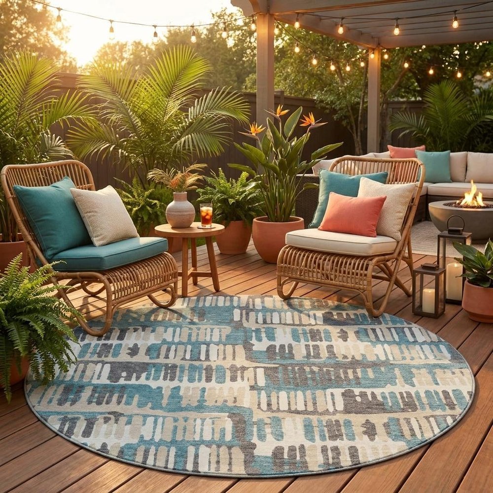 8' Teal Blue And Brown Round Abstract Washable Indoor Outdoor Area Rug HomeRoots