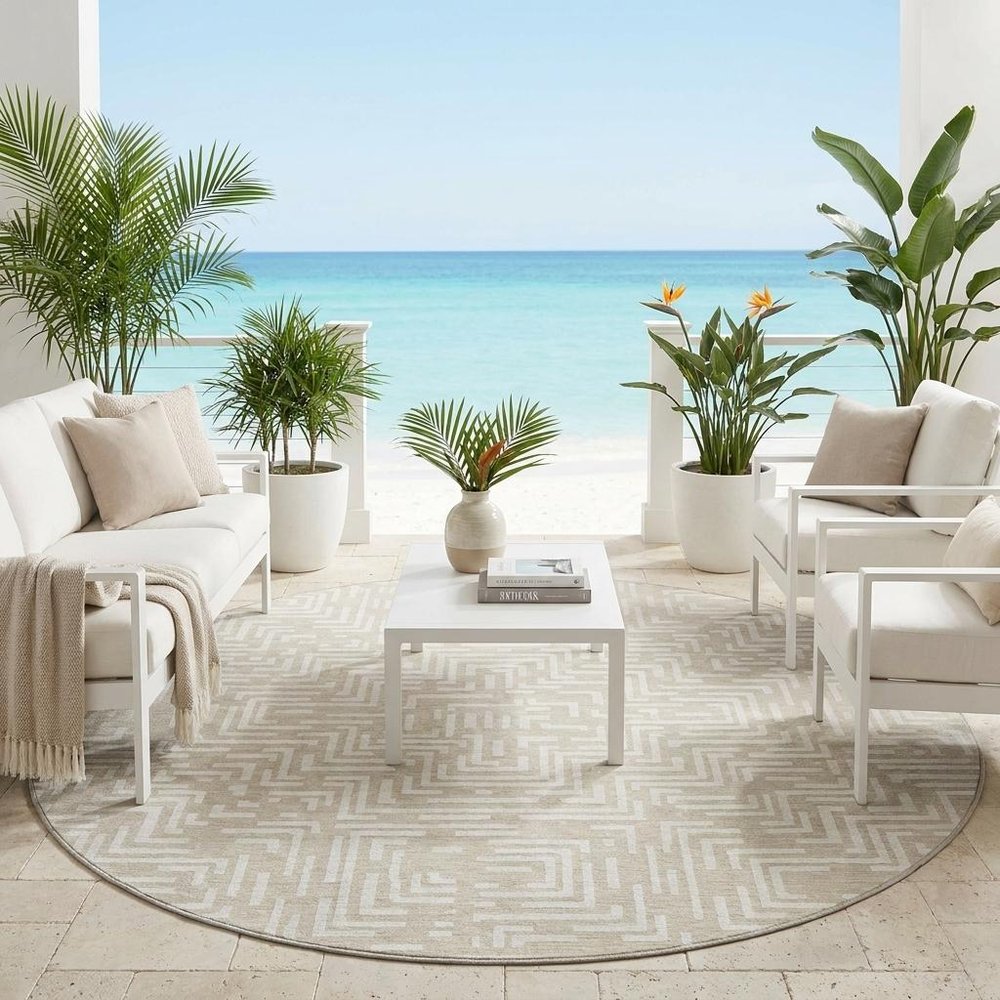 8' Beige And Blue Round Geometric Washable Indoor Outdoor Area Rug HomeRoots