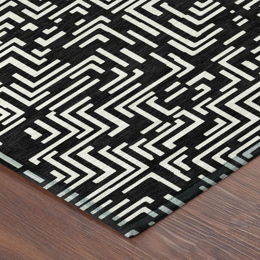 9' X 12' Black And Silver Geometric Washable Indoor Outdoor Area Rug