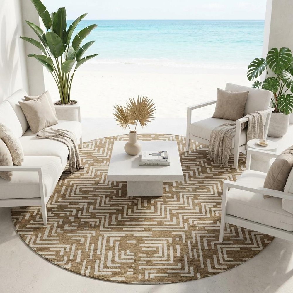 8' Brown And Gray Round Geometric Washable Indoor Outdoor Area Rug HomeRoots