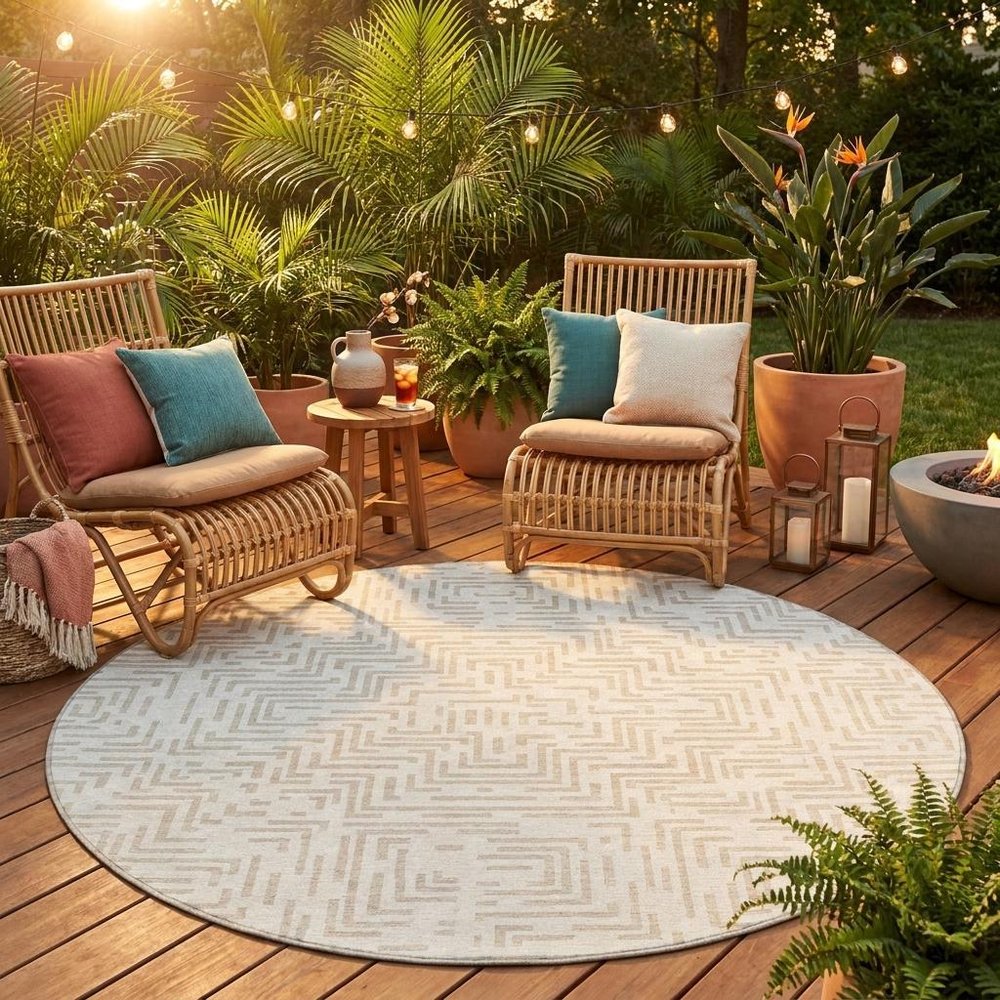 8' Ivory And Sky Blue Round Geometric Washable Indoor Outdoor Area Rug HomeRoots