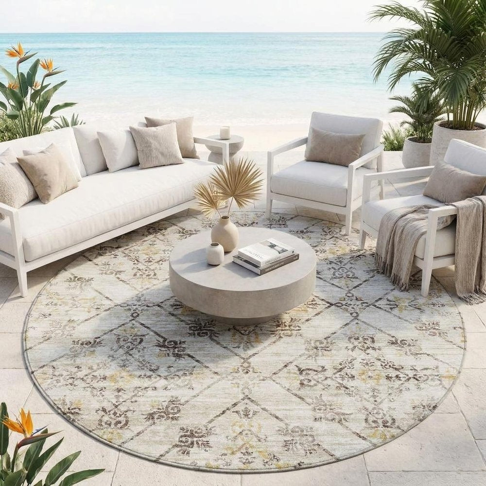 8' Beige And Sky Blue Round Geometric Washable Indoor Outdoor Area Rug HomeRoots