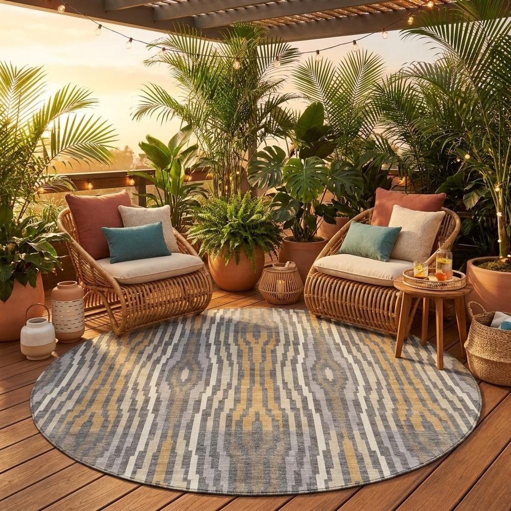8' Gray And Ivory Round Abstract Washable Indoor Outdoor Area Rug HomeRoots