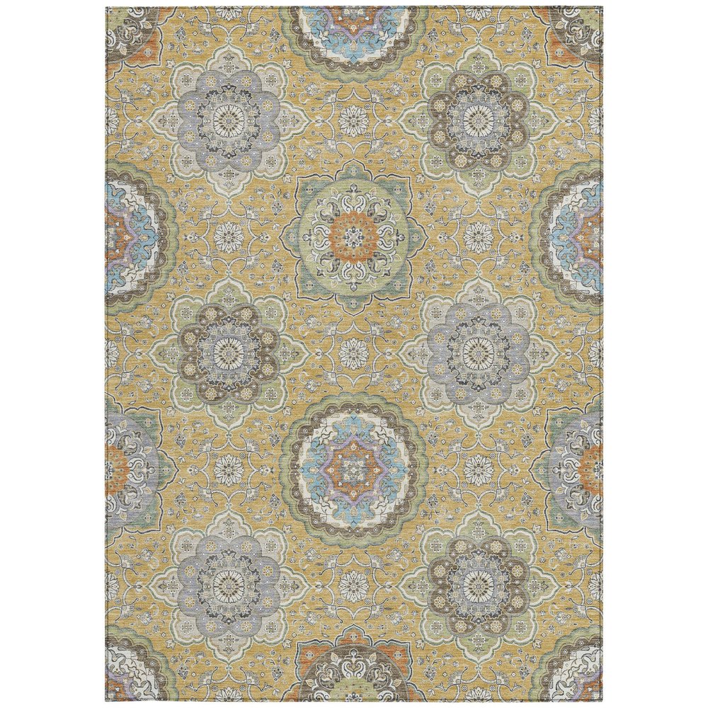 9' X 12' Gold And Ivory Floral Medallion Washable Indoor Outdoor Area Rug HomeRoots