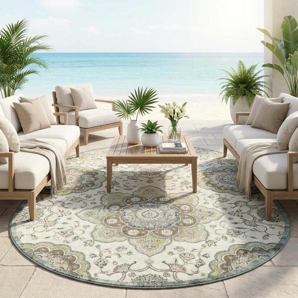 8' Ivory And Khaki Round Floral Medallion Washable Indoor Outdoor Area Rug HomeRoots