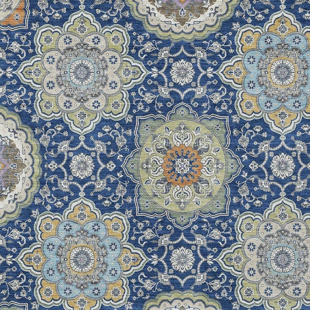 5' X 8' Navy Blue And Taupe Floral Medallion Washable Indoor Outdoor Area Rug HomeRoots