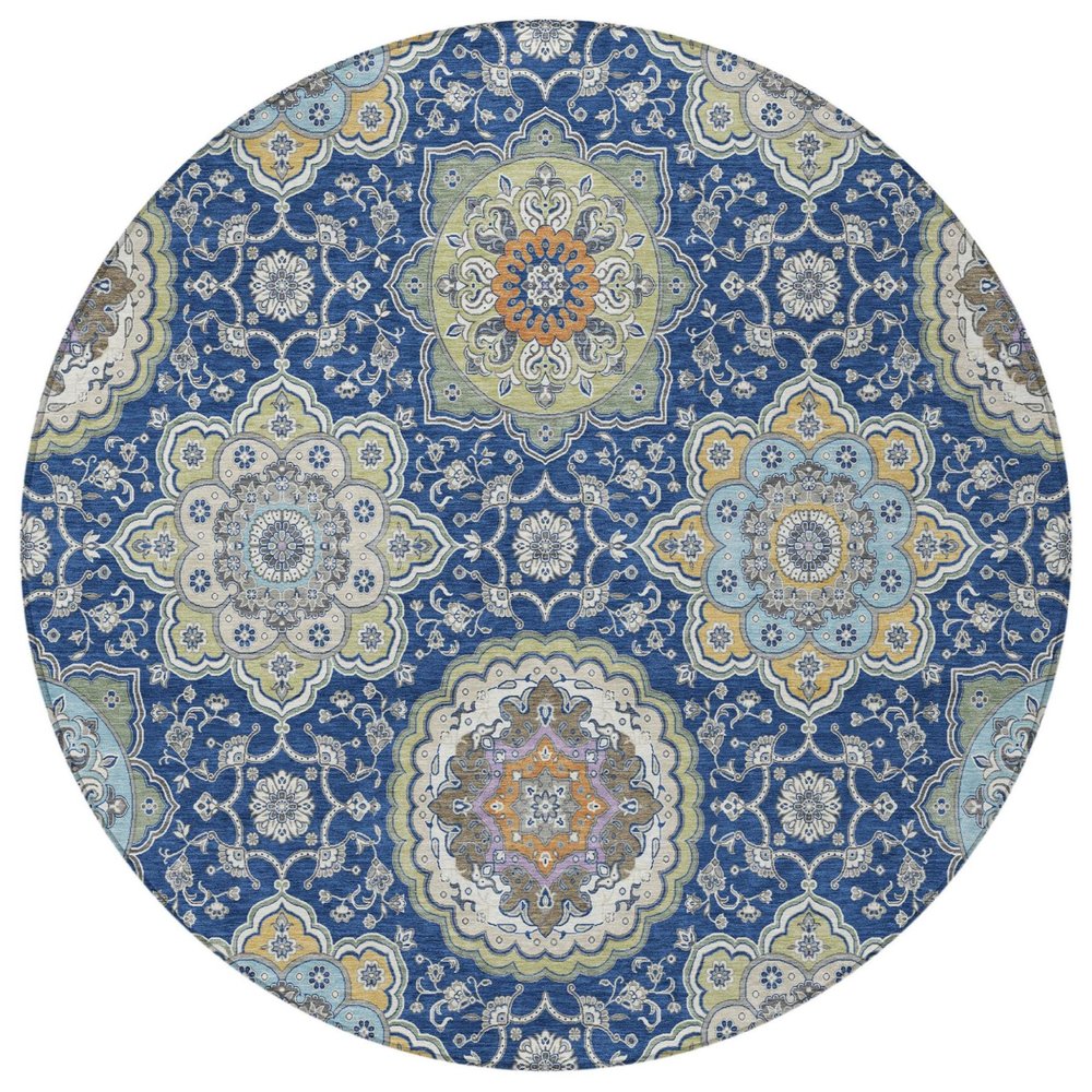 8' Navy Blue And Taupe Round Floral Medallion Washable Indoor Outdoor Area Rug HomeRoots