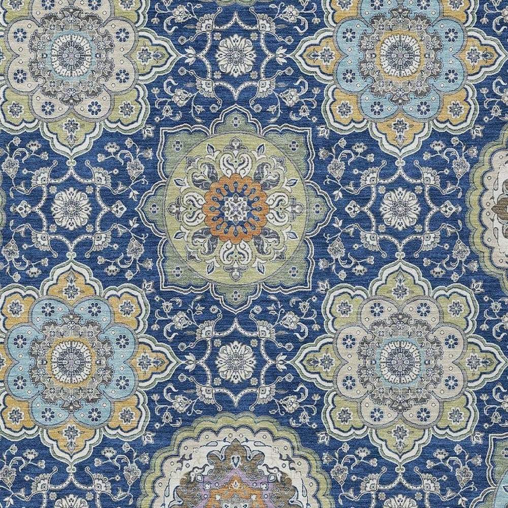 9' X 12' Navy Blue And Taupe Floral Medallion Washable Indoor Outdoor Area Rug HomeRoots