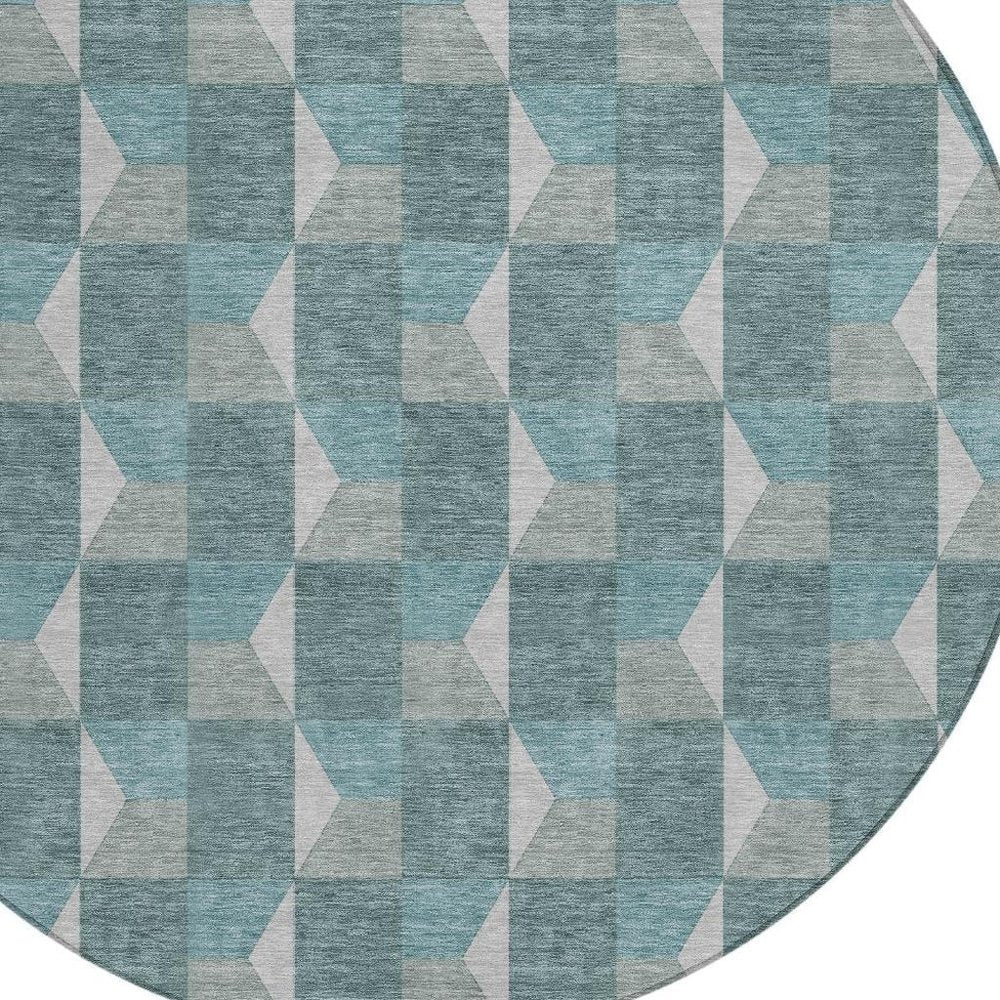 8' Teal Blue And Gray Round Geometric Washable Indoor Outdoor Area Rug HomeRoots